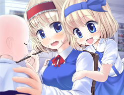 Rule 34 | 2girls, a (aaaaaaaaaaw), alice margatroid, alice margatroid (pc-98), blonde hair, blue eyes, blush, bow, breasts, brush, chair, doll, dress, female focus, hair bow, hair ribbon, hairband, long sleeves, multiple girls, open mouth, ribbon, short hair, short sleeves, sitting, skirt, smile, suspenders, time paradox, touhou, touhou (pc-98)