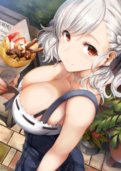 Rule 34 | 1girl, alternate costume, bare shoulders, belko, black ribbon, blue dress, blush, breasts, cleavage, closed mouth, collarbone, crepe, day, dress, food, girls&#039; frontline, hair ribbon, highres, holding, holding food, huge breasts, long hair, looking at viewer, looking to the side, menu board, outdoors, plant, potted plant, pov, red eyes, ribbon, sidelocks, silver hair, smile, solo, spas-12 (girls&#039; frontline), swept bangs, tareme, twintails