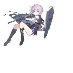 Rule 34 | 1girl, artist request, ballistic shield, black gloves, bullpup, damaged, dress, female focus, full body, gas-seal revolver, girls&#039; frontline, gloves, grey hair, gun, holding, holding gun, holding weapon, integrally-suppressed firearm, looking at viewer, modular weapon system, official art, quick-change barrel system, revolver shotgun, semi-automatic firearm, semi-automatic shotgun, shield, shield module, shirt, shotgun, six12, six12 (girls&#039; frontline), solo, stand-alone configuration, torn clothes, torn dress, torn legwear, torn shirt, transforming weapon, transparent background, weapon, yellow eyes