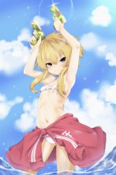 Rule 34 | &gt;:), 1girl, armpits, arms up, ayaki fuyuka, bare arms, bare shoulders, bikini, blonde hair, blue sky, blush, brown eyes, closed mouth, clothes around waist, cloud, commentary request, cowboy shot, day, dual wielding, flat chest, gluteal fold, holding, jacket, jacket around waist, long sleeves, navel, original, red jacket, short hair with long locks, sidelocks, sky, smile, solo, sparkle, stomach, swimsuit, track jacket, trigger discipline, v-shaped eyebrows, wading, water, water gun, white bikini, yarareimu