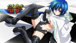 Rule 34 | 10s, 1girl, blue hair, breasts, gloves, high school dxd, large breasts, lying, screencap, solo, spread legs, torn clothes, xenovia quarta