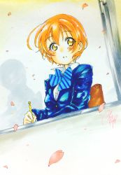 Rule 34 | 10s, 1girl, blaer, blue bow, blue bowtie, blush, bow, bowtie, chair, cherry blossoms, dutch angle, from outside, highres, hikage (haru kaze 2), hoshizora rin, long sleeves, looking at viewer, looking outside, love live!, love live! school idol project, mechanical pencil, orange hair, parted lips, pencil, petals, short hair, signature, solo, striped bow, striped bowtie, striped clothes, striped neckwear, traditional media, window, yellow eyes