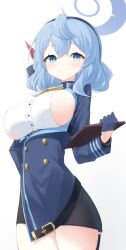 Rule 34 | 1girl, absurdres, ako (blue archive), bell, black skirt, blue archive, blue eyes, blue gloves, blue hair, blue jacket, blush, breasts, clipboard, cobe, gloves, halo, highres, holding, holding clipboard, jacket, large breasts, looking at viewer, miniskirt, neck bell, sideboob, sideless shirt, simple background, skirt, smile, solo, white background