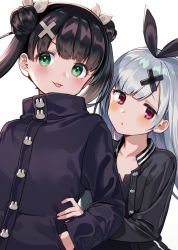 Rule 34 | 2girls, :o, :p, black hair, black jacket, black ribbon, black shirt, blush, closed mouth, collarbone, commentary request, double bun, green eyes, hair bun, hair ornament, hair ribbon, hand in pocket, hand on another&#039;s hip, jacket, long hair, long sleeves, multiple girls, nishizawa, open clothes, open jacket, original, parted lips, red eyes, ribbon, shirt, silver hair, simple background, smile, tongue, tongue out, twintails, very long hair, white background, white ribbon, x hair ornament