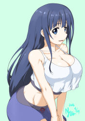 Rule 34 | 1girl, anitore! ex, blue eyes, blue hair, breasts, cleavage, crop top, crop top overhang, large breasts, long hair, looking at viewer, matching hair/eyes, midriff, nishiumi yuuta, saotome shizuno, smile, solo, v arms, very long hair