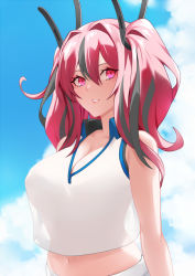 Rule 34 | 1girl, azur lane, bare shoulders, breasts, bremerton (azur lane), bremerton (scorching-hot training) (azur lane), cleavage, collared shirt, crop top, crop top overhang, day, grey hair, hair between eyes, headgear, highres, large breasts, long hair, looking at viewer, midriff, mole, mole under eye, multicolored hair, navel, outdoors, parted lips, pink eyes, pink hair, see-through silhouette, shirt, sidelocks, sleeveless, sleeveless shirt, solo, stomach, streaked hair, toki to shishin, twintails, upper body, white shirt