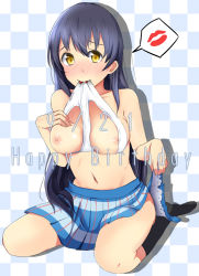 Rule 34 | 10s, 1girl, blue hair, blush, bow, bow panties, breasts, brown eyes, checkered background, clothes lift, happy birthday, highres, kneehighs, lipstick mark, long hair, looking at viewer, love live!, love live! school idol project, medium breasts, meimuu, mouth hold, navel, nipples, no bra, panties, panties in mouth, panties on breasts, petticoat, skirt, skirt lift, socks, solo, sonoda umi, speech bubble, grid background, underwear, white panties