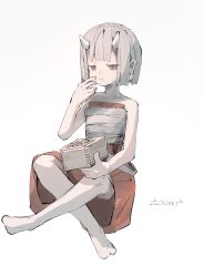 Rule 34 | 1girl, absurdres, aiamu iamu, artist name, bandages, box, brown eyes, closed mouth, clothing request, commentary, commentary request, ears visible through hair, eating, female focus, food, full body, grey hair, highres, holding, horns, looking away, red eyes, short hair, signature, simple background, solo, white background, white horns
