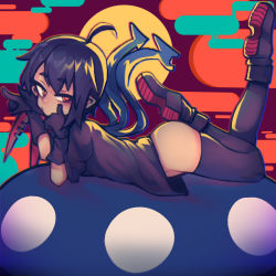 Rule 34 | 1girl, ahoge, ass, asymmetrical wings, black footwear, black gloves, black hair, black shirt, black thighhighs, blue wings, bottomless, commentary, egasumi, feet up, full moon, gloves, hair between eyes, hands up, highres, houjuu nue, looking at viewer, lying, moon, nyong nyong, on stomach, pointy ears, red eyes, red wings, shadow, shirt, shoes, short hair, short sleeves, sidelocks, solo, thighhighs, thighs, touhou, wings