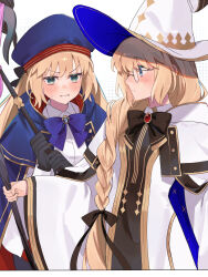 Rule 34 | 2girls, absurdres, artoria caster (fate), artoria caster (second ascension) (fate), artoria pendragon (fate), beret, black dress, black gloves, blonde hair, blue cape, blue eyes, blue headwear, blush, bow, bowtie, braid, breasts, brooch, cape, cloak, dress, fate/grand order, fate (series), glasses, gloves, gold trim, green eyes, hat, highres, holding, holding staff, hood, hooded cape, jewelry, long hair, long sleeves, medium breasts, multicolored cape, multicolored clothes, multiple girls, pout, red cape, round eyewear, side ponytail, small breasts, staff, aesc (fate), twintails, two-tone dress, uxco0, white cloak, white dress, white headwear, wide sleeves, witch hat
