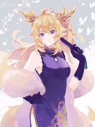 Rule 34 | 1girl, ahoge, alternate costume, arknights, bare shoulders, blonde hair, blue eyes, china dress, chinese clothes, closed mouth, dress, folded fan, folding fan, gloves, hand fan, highres, horns, leizi (arknights), long hair, mandarin collar, pointy ears, solo, sui (blackcatsui yoi)