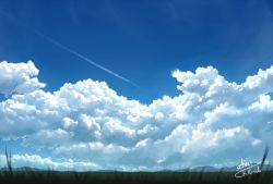 Rule 34 | alu.m (alpcmas), artist name, blue sky, cloud, cloudy sky, contrail, day, grass, mountainous horizon, no humans, original, outdoors, signature, sky