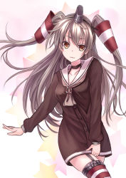 Rule 34 | 10s, 1girl, absurdres, amatsukaze (kancolle), bad id, bad pixiv id, breasts, catsmoon, closed mouth, collarbone, dot nose, dress, eyebrows, female focus, garter straps, grey hair, hair ornament, highres, kantai collection, long hair, long sleeves, looking at viewer, red thighhighs, sailor dress, school uniform, serafuku, short dress, small breasts, solo, standing, striped clothes, striped thighhighs, thighhighs, twintails, two side up, yellow eyes, zettai ryouiki