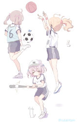 Rule 34 | 3girls, ahoge, ball, baseball, baseball bat, baseball cap, basketball, black shorts, blonde hair, blue bow, blue eyes, blush stickers, bow, bracelet, class number, closed eyes, closed mouth, collarbone, from behind, from side, grey hair, gym shirt, gym shorts, hair bow, hair ribbon, hat, heart, heart ahoge, highres, holding, holding baseball bat, jersey, jewelry, multiple girls, original, ponytail, purple hair, raised eyebrows, ribbon, ruten (onakasukusuku), shirt, shoes, short sleeves, short twintails, shorts, sidelocks, simple background, sneakers, soccer ball, striped clothes, striped shirt, striped shorts, tearing up, twintails, twitter username, two side up, vertical-striped clothes, vertical-striped shirt, vertical-striped shorts, watermark, white background, white footwear, white shirt