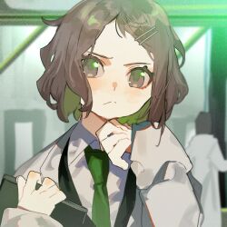 Rule 34 | 1girl, black vest, brown eyes, brown hair, closed mouth, collared shirt, commentary request, frown, green necktie, hair ornament, hairclip, hamelon310, highres, lab coat, limbus company, long sleeves, looking at viewer, necktie, portrait, project moon, shirt, short hair, shrenne (project moon), solo focus, vest, white shirt