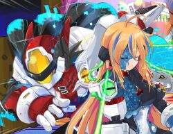 Rule 34 | 1girl, ahoge, black hair, blaster master zero, blaster master zero 2, blonde hair, blue hair, blue skin, breasts, closed eyes, colored skin, eve (blaster master zero), fred (blaster master zero), helmet, jason frudnick, large breasts, mechanical arms, mismatched sclera, multicolored skin, robot ears, short hair, single mechanical arm, tagme, tonchinkan