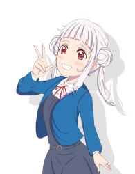 Rule 34 | 1girl, arashi chisato, artist name, artist request, belt, blue cardigan, blue jacket, blush, bow, bowtie, breasts, buttons, cardigan, collared shirt, cropped jacket, double bun, dress, dress shirt, female focus, floating hair, grey belt, grey shirt, grey skirt, hair bun, hair tie, highres, jacket, long hair, long sleeves, looking at viewer, love live!, love live! superstar!!, miniskirt, neck ribbon, o-ring, o-ring belt, parted lips, plaid, plaid skirt, pleated, pleated skirt, red bow, red eyes, red ribbon, ribbon, school uniform, shirt, skirt, small breasts, smile, solo, teeth, twintails, wavy hair, white background, white hair, white shirt, wing collar, yuigaoka school uniform