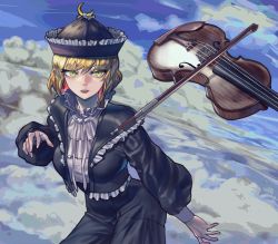 Rule 34 | 1girl, absurdres, black hat, black pants, black shirt, blonde hair, bow (music), cloud, collar, commentary request, contrapposto, cowboy shot, crescent, crescent hat ornament, crescent pin, frilled collar, frilled hat, frills, hat, hat ornament, highres, instrument, lunasa prismriver, pants, shirt, skinnytorch, sky, solo, touhou, violin, white shirt, yellow eyes