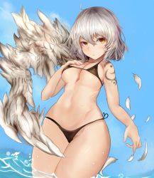 Rule 34 | 1girl, ahoge, bikini, black bikini, breasts, commentary request, day, expressionless, feathered wings, feathers, halterneck, houdukixx, kishin sagume, looking at viewer, medium breasts, orange eyes, side-tie bikini bottom, silver hair, single wing, solo, stomach, swimsuit, tattoo, thighs, touhou, underboob, wading, wings, yellow eyes