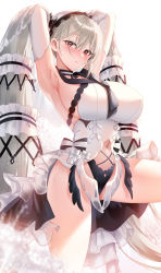 Rule 34 | 1girl, absurdres, armpits, arms up, azur lane, bare shoulders, black choker, black dress, black neckerchief, black sailor collar, blush, bow, breasts, choker, closed mouth, clothing cutout, commentary, cowboy shot, detached sleeves, dress, dress bow, feather dress, formidable (azur lane), formidable (timeless classics) (azur lane), frilled dress, frills, hair between eyes, hair ornament, hair ribbon, head tilt, highres, large breasts, long hair, looking at viewer, navel, navel cutout, neckerchief, official alternate costume, picter, red eyes, ribbon, sailor collar, sideboob, sidelocks, silver hair, simple background, smile, solo, standing, standing on one leg, twintails, two-tone dress, two-tone ribbon, veil, very long hair, white background, white dress, white sleeves