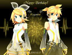 Rule 34 | 1boy, 1girl, aqua eyes, arm warmers, bad id, bad pixiv id, blonde hair, brother and sister, character name, detached sleeves, hair ornament, hair ribbon, hairclip, happy birthday, headphones, highres, ichinose yukino, kagamine len, kagamine len (append), kagamine rin, kagamine rin (append), navel, popped collar, ribbon, short hair, shorts, siblings, smile, twins, vocaloid, vocaloid append, yukinosetsu