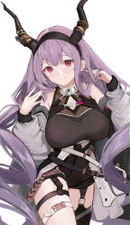 Rule 34 | 1girl, arknights, bare shoulders, black horns, black shirt, black shorts, blush, breasts, closed mouth, commentary request, drill hair, ema (kuguiema), fake horns, grey jacket, hands up, highres, horns, jacket, large breasts, long hair, looking at viewer, low twintails, off shoulder, purple hair, red eyes, shirt, shorts, sleeveless, sleeveless shirt, smile, solo, thigh strap, twin drills, twintails, typhon (arknights)