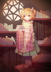 Rule 34 | 1girl, :d, apron, bell, black eyes, blonde hair, blush, book, book stack, bookshelf, boots, checkered clothes, checkered shirt, full body, green skirt, hair bell, hair ornament, high heel boots, high heels, highres, japanese clothes, kimono, long sleeves, looking at viewer, motoori kosuzu, open mouth, shirt, short hair, skirt, smile, solo, standing, touhou, two side up, wide sleeves, yasato