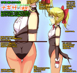 Rule 34 | 1girl, armband, ass, blonde hair, blue eyes, bow, bowtie, breasts, character sheet, closed mouth, coattails, gloves, hair ribbon, katori (mocchidou), magician, original, ponytail, ribbon, small breasts, smile, solo, thigh gap, thighhighs, translation request, white gloves