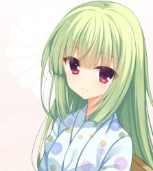 Rule 34 | 1girl, alternate costume, blue kimono, blunt bangs, blunt ends, blush, cariboy, chinese commentary, close-up, closed mouth, commentary request, eyelashes, eyes visible through hair, floral print, green hair, hair down, hime cut, japanese clothes, kikumon, kimono, long hair, looking at viewer, murasame (senren), pink background, red eyes, senren banka, sidelocks, simple background, smile, solo, straight hair, very long hair