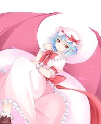 Rule 34 | 1girl, arm garter, ascot, bat wings, blue hair, bobby socks, bow, bowtie, brooch, brown footwear, closed mouth, dress, frilled dress, frills, hat, hat bow, jewelry, koro (tyunnkoro0902), looking at viewer, mob cap, pink dress, pointy ears, puffy short sleeves, puffy sleeves, red bow, red bowtie, red eyes, remilia scarlet, sash, shoes, short hair, short sleeves, smile, socks, solo, touhou, white socks, wings, wrist cuffs