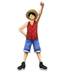 Rule 34 | 1boy, bare arms, black eyes, black hair, clenched hand, denim, full body, hand on own hip, hat, highres, ice skates, looking at viewer, monkey d. luffy, official art, one piece, pectorals, short hair, shorts, simple background, skates, smile, solo, standing, straw hat, toei animation, white background