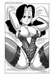 Rule 34 | 1girl, between labia, bikini, breasts, bursting breasts, chi-chi (dragon ball), dragon ball, dragon ball gt, female focus, female pubic hair, funsexydragonball, highres, large breasts, monochrome, partially visible vulva, pubic hair, pussy, solo, swimsuit, text focus