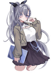 Rule 34 | 1girl, arm at side, bangs pinned back, black bow, black skirt, blue eyes, bow, cleavage cutout, closed mouth, clothing cutout, computer, cropped jacket, glasses, grey hair, grey jacket, hair between eyes, hair bow, hair ornament, hairclip, high-waist skirt, high ponytail, highres, holding, holding laptop, hololive, hololive indonesia, hugging object, jacket, jewelry, laptop, legs apart, long hair, long sleeves, miniskirt, open clothes, open jacket, pendant, pleated skirt, shirt, shirt tucked in, simple background, skirt, smile, solo, thighs, twitter username, venn (vebonbon), vestia zeta, virtual youtuber, white background, white shirt