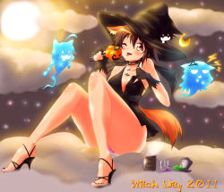 Rule 34 | animal ears, brown eyes, brown hair, cloud, fingerless gloves, gloves, grave, hat, high heels, highres, lynette bishop, miyafuji yoshika, moon, perrine h. clostermann, pumpkin, shoes, star (symbol), strike witches, tail, witch hat, world witches series
