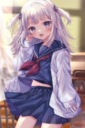 Rule 34 | 1girl, alternate costume, blue eyes, blue serafuku, cardigan, chalkboard, classroom, curtains, day, desk, gawr gura, hair ornament, hand on own cheek, hand on own face, highres, hololive, hololive english, indoors, long hair, looking at viewer, multicolored hair, navel, neckerchief, open cardigan, open clothes, red neckerchief, school desk, school uniform, serafuku, shark hair ornament, sharp teeth, shirt, sleeves past wrists, solo, sorashima (117), streaked hair, teeth, two side up, untucked shirt, virtual youtuber, white hair