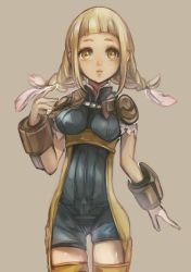 Rule 34 | 1girl, blonde hair, blue eyes, braid, breasts, closed mouth, final fantasy, final fantasy xii, highres, jewelry, kawabata, long hair, looking at viewer, medium breasts, penelo, simple background, solo, square enix, thighhighs, twin braids, twintails