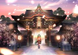 Rule 34 | 1girl, absurdres, ahoge, architecture, bag, blurry, blurry foreground, commentary, east asian architecture, floral print, green hair, hatsune miku, highres, holding, holding bag, japanese clothes, kimono, kyoto, lantern, lion, long hair, looking at viewer, obi, outdoors, own hands together, petals, plaque, red kimono, red sky, rope, sakpi, sash, shimenawa, sky, solo, standing, statue, stone floor, temple, tree, twilight, twintails, very long hair, vocaloid, wide shot