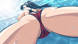 Rule 34 | 1girl, ass, black hair, cameltoe, competition swimsuit, crotch, earrings, from behind, jewelry, kimura takahiro, long hair, looking back, official art, one-piece swimsuit, solo, swimming, swimsuit, underwater, variable geo, yanase kaori