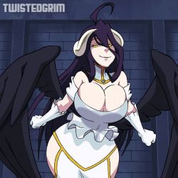 Rule 34 | 1girl, albedo (overlord), animated, animated gif, black hair, bouncing breasts, breasts, cleavage, dancing, dress, female focus, gloves, horns, large breasts, long hair, overlord (maruyama), smile, solo, twistedgrim, white dress, white gloves, wings, yellow eyes