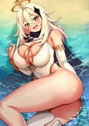 Rule 34 | 1girl, aged up, alternate breast size, bare shoulders, breasts, cleavage cutout, clothing cutout, detached sleeves, foxyreine, genshin impact, grey eyes, hair between eyes, hair ornament, halo, highres, large breasts, long hair, looking at viewer, lying, on side, open mouth, paimon (genshin impact), patreon username, sand, smile, solo, teeth, thighs, upper teeth only, water, watermark, web address