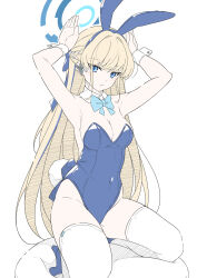 Rule 34 | 1girl, animal ears, blonde hair, blue archive, blue bow, blue bowtie, blue eyes, blue hair, blue leotard, bow, bowtie, braid, breasts, cleavage, closed mouth, detached collar, fake animal ears, fake tail, halo, highres, leotard, long hair, masabodo, medium breasts, multicolored hair, official alternate costume, playboy bunny, rabbit ears, rabbit pose, rabbit tail, solo, strapless, strapless leotard, streaked hair, tail, thighhighs, toki (blue archive), toki (bunny) (blue archive), white thighhighs, wrist cuffs