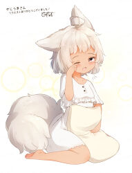 Rule 34 | 1girl, animal ears, barefoot, blush, brown eyes, commentary request, commission, coreytaiyo, dark-skinned female, dark skin, dated, dress, frilled dress, frills, full body, highres, holding, holding pillow, looking at viewer, one eye closed, open mouth, original, pillow, short sleeves, signature, skeb commission, solo, tail, translation request, wavy mouth, white background, white dress