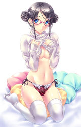 Rule 34 | 1girl, black hair, blue eyes, blush, bow, bow panties, breasts, cleavage, clothes lift, double bun, full body, glasses, hair bun, hair ornament, hairclip, highres, large breasts, lifting own clothes, long sleeves, looking at viewer, nagayori, navel, no shoes, original, panties, pillow, plaid, red-framed eyewear, red panties, ribbed sweater, shiny skin, side-tie panties, sitting, sleeves past wrists, smile, solo, stomach, sweater, sweater lift, swept bangs, thighhighs, underwear, wariza, white background, white thighhighs