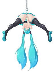 Rule 34 | 1girl, aqua hair, boots, breasts, closed eyes, hatsune miku, highres, jeibii, long hair, nipples, panties, pantyshot, skirt, solo, striped clothes, striped panties, thigh boots, thighhighs, twintails, underwear, upskirt, very long hair, vocaloid, wedgie