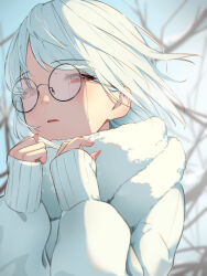 Rule 34 | 1girl, absurdres, bananafish1111, bare tree, black-framed eyewear, crying, crying with eyes open, day, fingernails, glasses, highres, long fingernails, long sleeves, original, outdoors, parted lips, red eyes, round eyewear, scarf, short hair, sunlight, sweater, tears, tree, upper body, white hair, white scarf, white sweater, winter