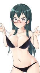Rule 34 | 1girl, aimobake, bare arms, bare shoulders, bikini, black bikini, breasts, brown eyes, cleavage, closed mouth, collarbone, commentary request, cowboy shot, glasses, green hair, groin, hands up, highres, idolmaster, idolmaster cinderella girls, large breasts, long hair, looking at viewer, looking over eyewear, navel, ohishi izumi, red-framed eyewear, sidelocks, simple background, smile, solo, standing, stomach, strap pull, swimsuit, thighs, white background