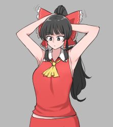 Rule 34 | 1girl, armpits, arms up, ascot, black hair, bow, breasts, commentary, cowboy shot, english commentary, frilled bow, frilled hair tubes, frilled shirt collar, frills, grey background, hair bow, hair tubes, hakurei reimu, highres, mata (matasoup), medium breasts, motion lines, ponytail, red bow, red shirt, red skirt, red vest, shirt, simple background, skirt, sleeveless, solo, touhou, tying hair, vest, wide hips, yellow ascot