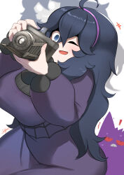 Rule 34 | !, 1girl, @ @, ahoge, alternate breast size, black hair, blush, breasts, camera, commentary, creatures (company), dress, game freak, gen 1 pokemon, gengar, ghost, hair between eyes, hairband, hex maniac (pokemon), highres, holding, holding camera, john (a2556349), large breasts, long hair, messy hair, nintendo, one eye closed, open mouth, pokemon, pokemon (creature), pokemon xy, purple eyes, purple hair, purple hairband, simple background, smile
