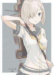 Rule 34 | 10s, 1girl, 2017, between breasts, blue eyes, blush, border, breasts, buttons, closed mouth, collarbone, cowboy shot, dated, grey background, grey skirt, hair ornament, hair over one eye, hairclip, hamakaze (kancolle), holding, holding behind back, kantai collection, kawashina (momen silicon), looking at viewer, machinery, medium breasts, neckerchief, pleated skirt, school uniform, serafuku, serious, shirt, short sleeves, signature, silver hair, simple background, skirt, smile, solo, strap between breasts, tareme, white border, white shirt, yellow neckerchief