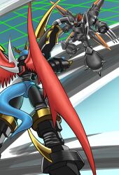 Rule 34 | armor, digimon, digimon (creature), grandiskuwagamon, highres, imperialdramon, imperialdramon fighter mode, looking at another, pincers, tail, wings